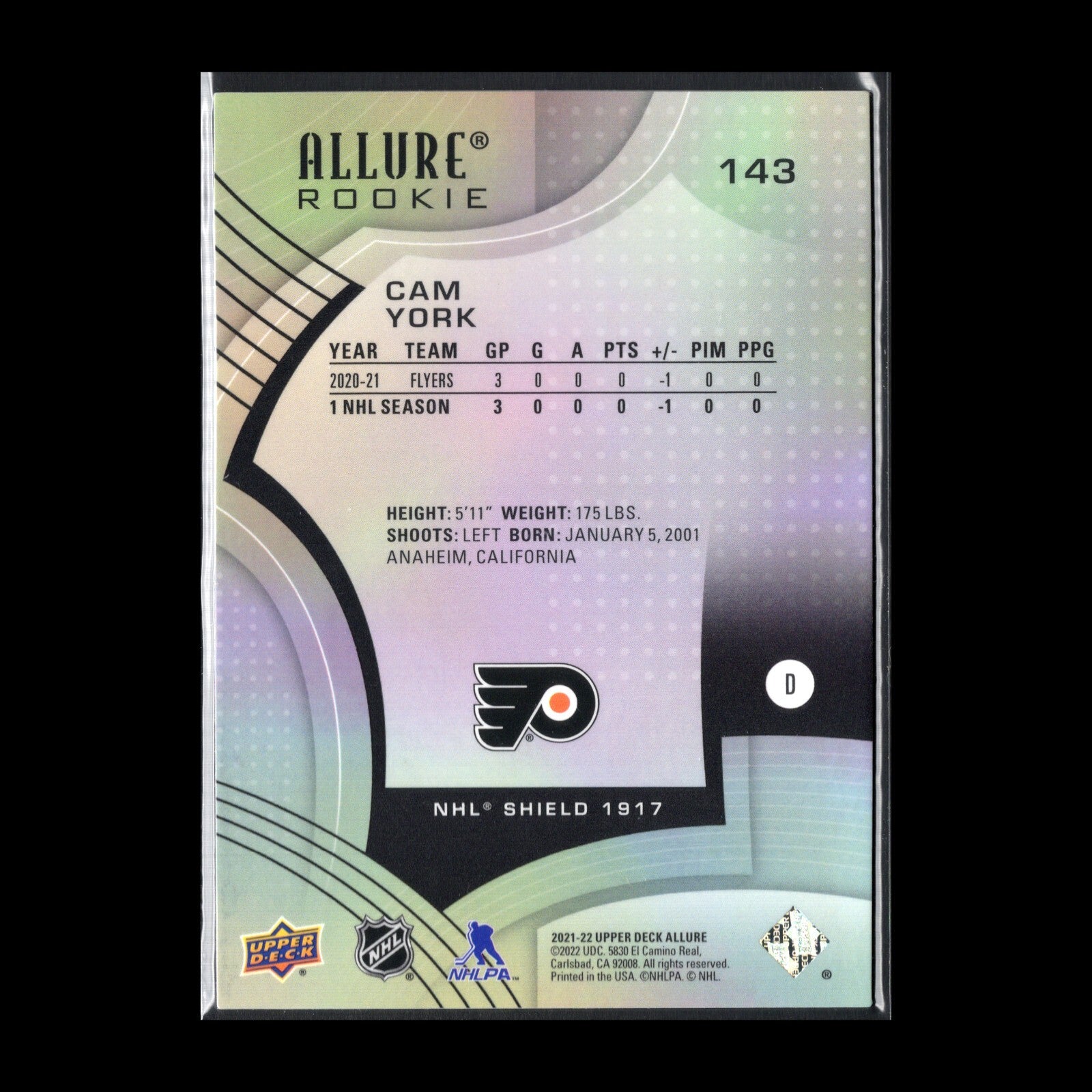 2021-22 UD Allure CAM YORK #143 NHL Shield 1917 Rookie RC - Philadelphia Flyers