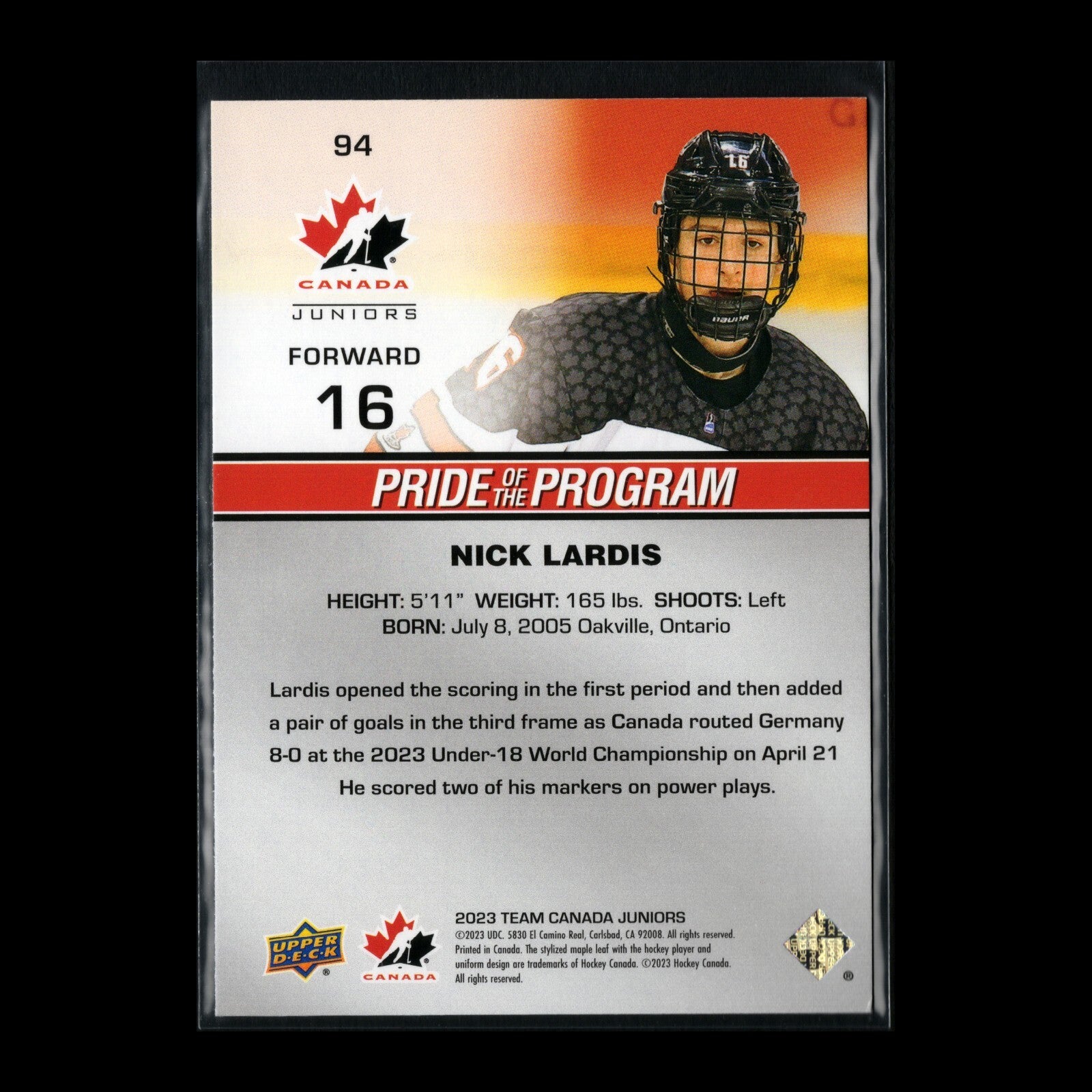 2023 Upper Deck Team Canada Juniors NICK LARDIS #94 Pride of the program