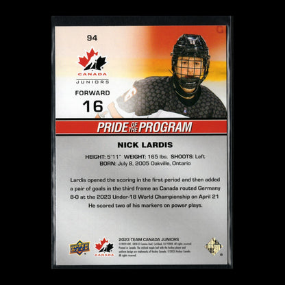 2023 Upper Deck Team Canada Juniors NICK LARDIS #94 Pride of the program