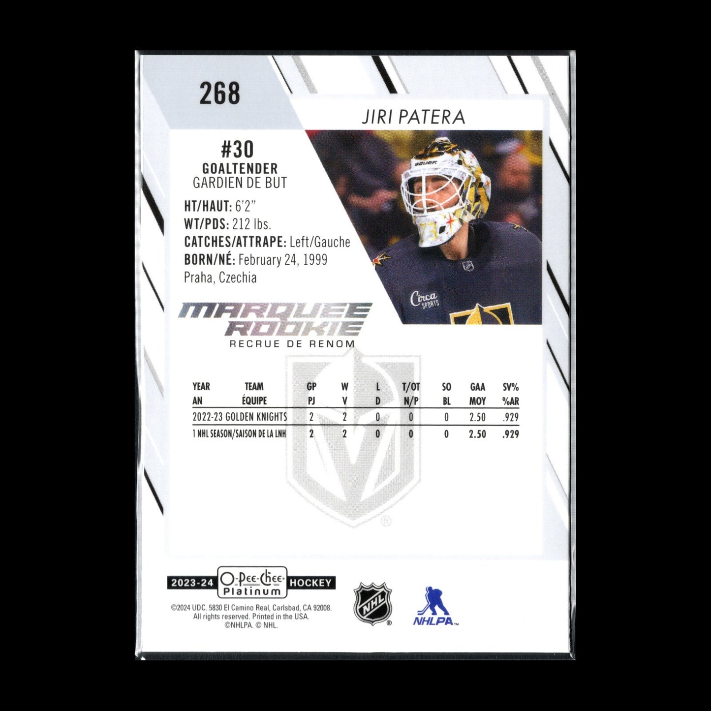 2023-24 OPC Platinum JIRI PATERA #268 Marquee rookie RC - Vegas Golden Knights