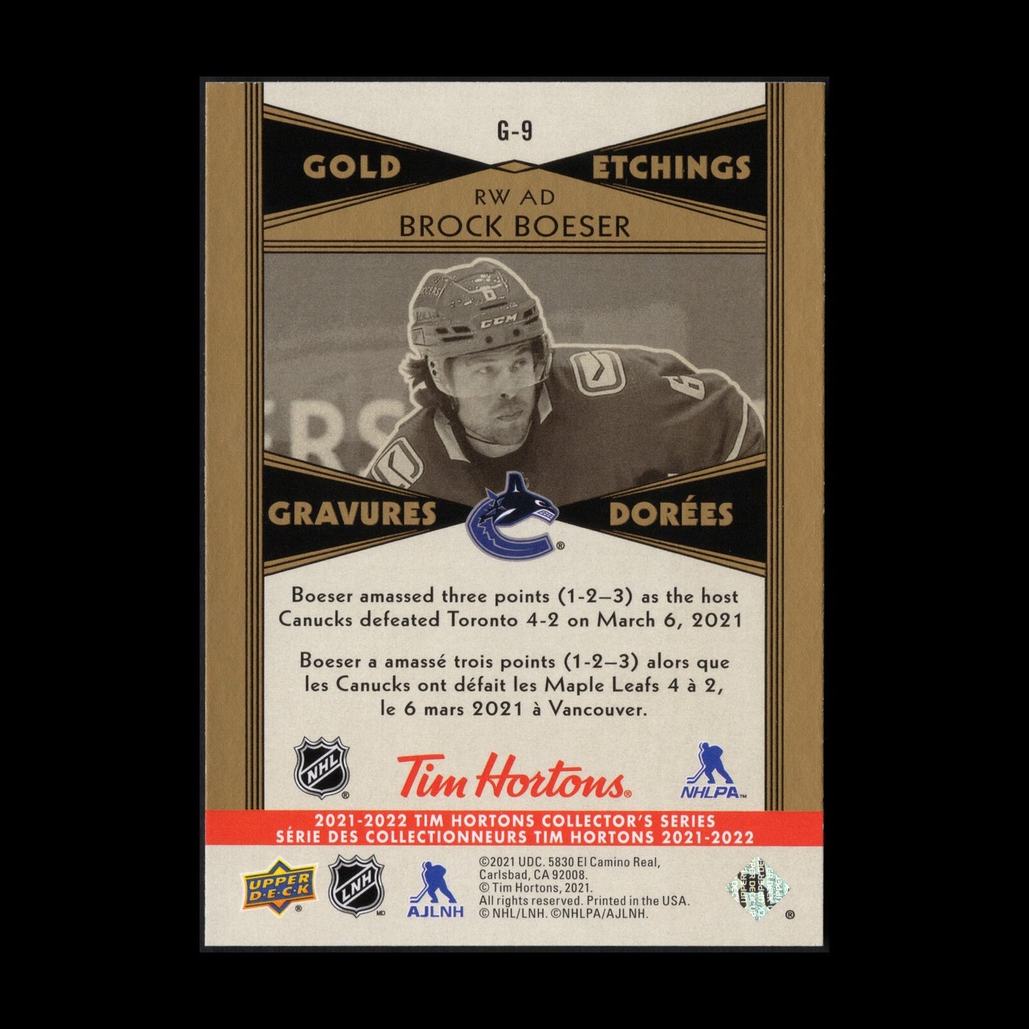 2021-22 UD Tim Hortons BROCK BOESER #G-9 Gold Etchings - Vancouver Canucks