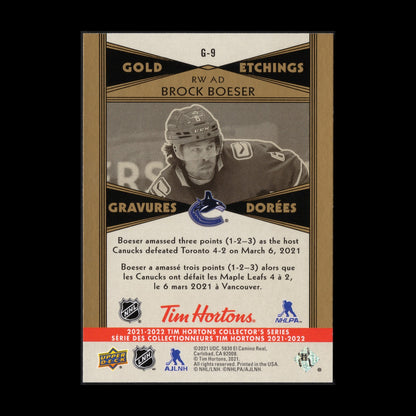 2021-22 UD Tim Hortons BROCK BOESER #G-9 Gold Etchings - Vancouver Canucks