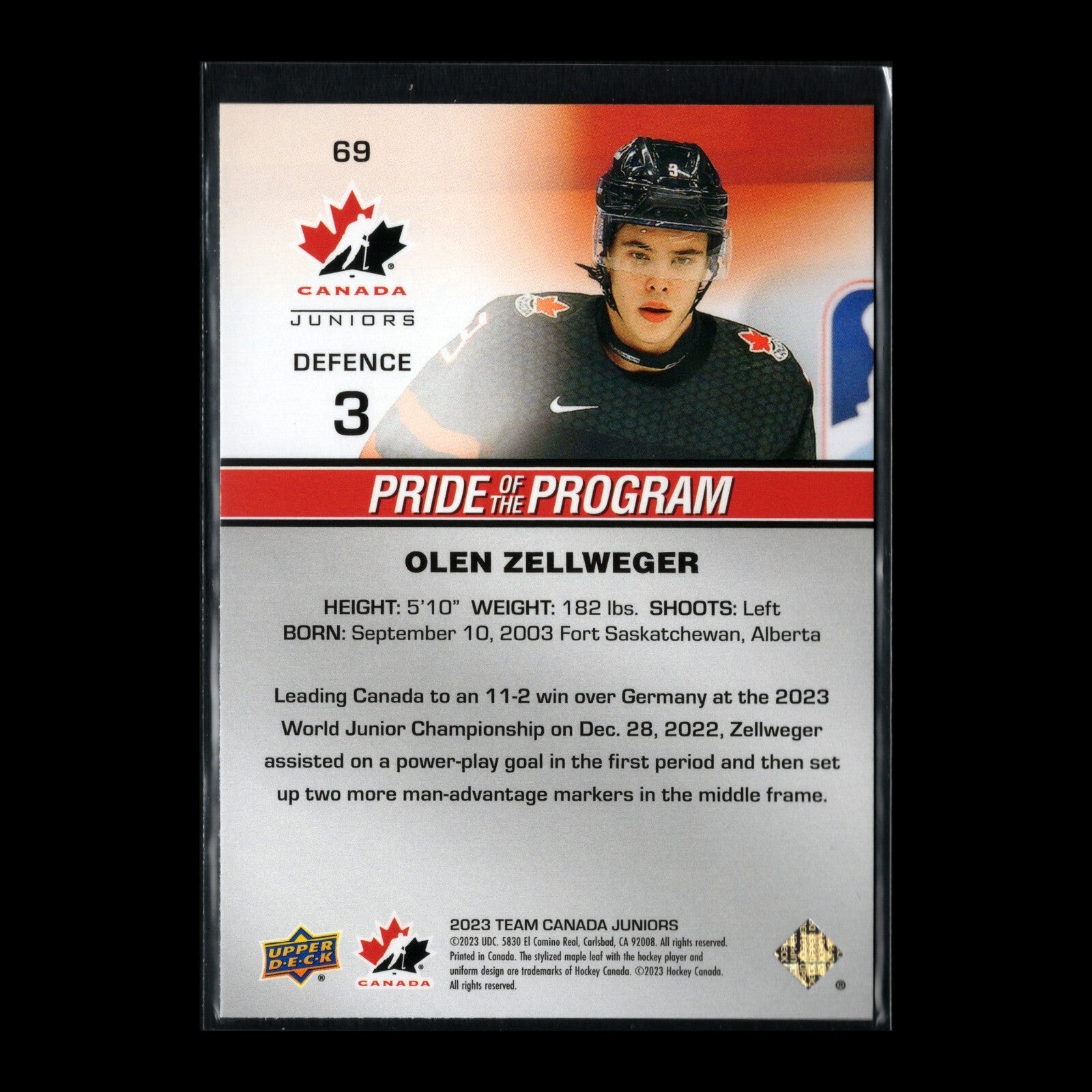 2023 UD Team Canada Juniors OLEN ZELLWEGER #69 Pride of the program Rose Gold