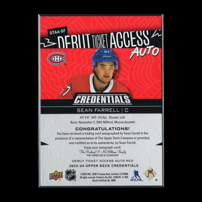 2023-24 UD Credentials SEAN FARRELL #DTAA-SF Debut Ticket Access AUTO Red RC /99