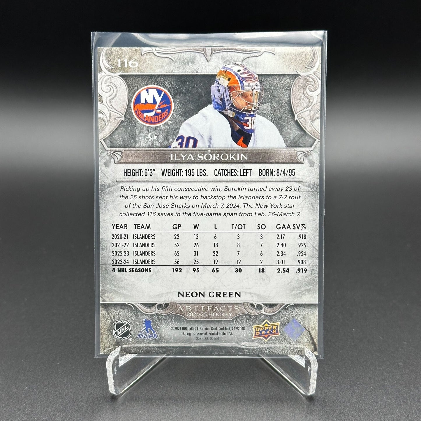 2024-25 UD Artifacts ILYA SOROKIN #116 Neon Green - New York Islanders