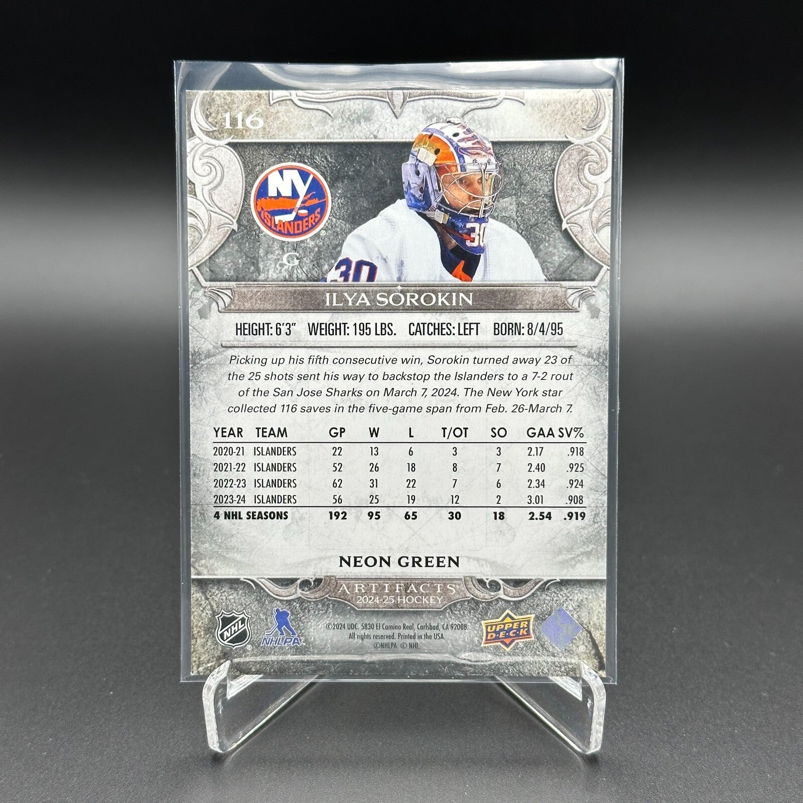 2024-25 UD Artifacts ILYA SOROKIN #116 Neon Green - New York Islanders