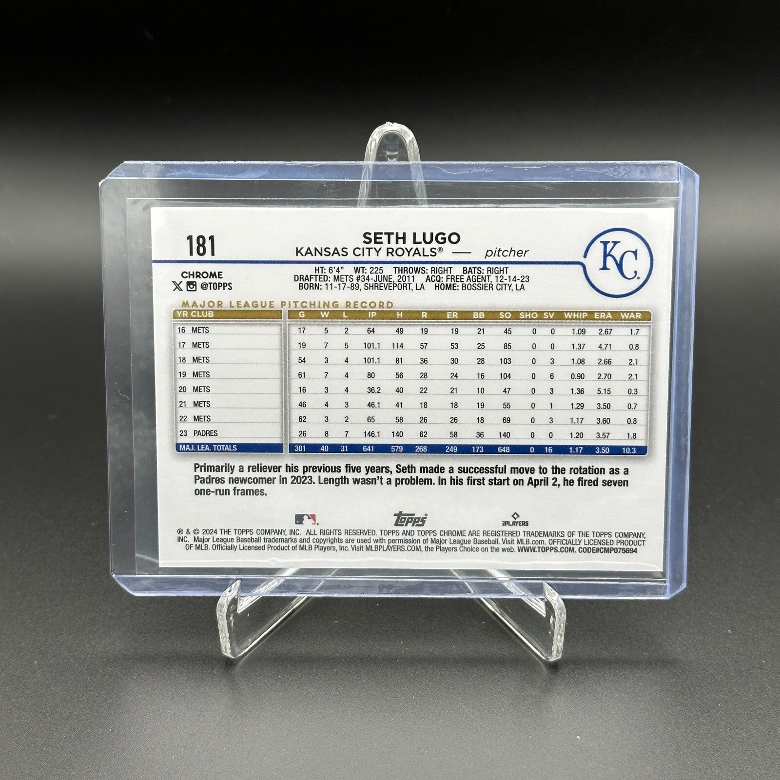 2024 Topps Chrome SETH LUGO #181 Aqua Refractor 68/199 - Kansas City Royals
