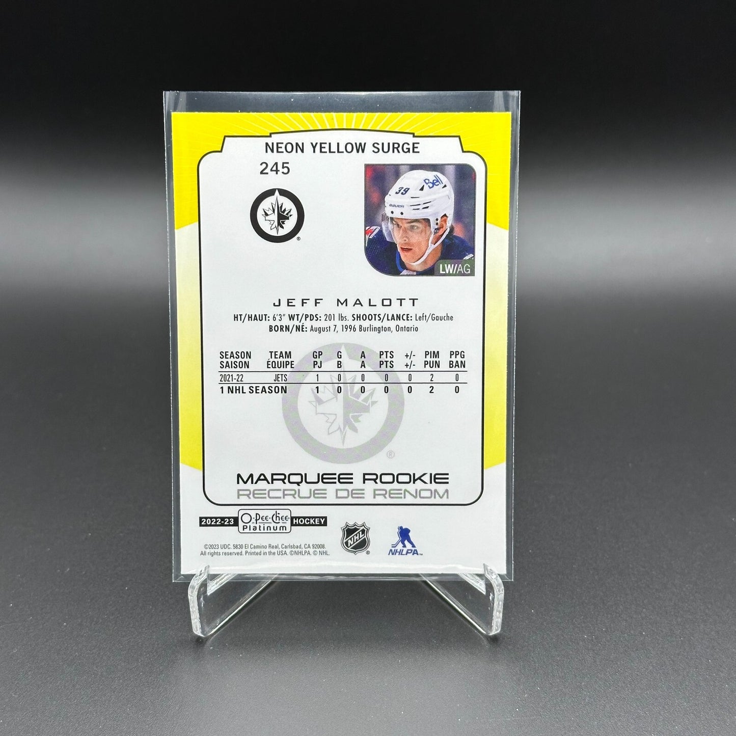 2022-23 O-Pee-Chee Platinum JEFF MALOTT #245 Neon Yellow Surge RC Winnipeg Jets