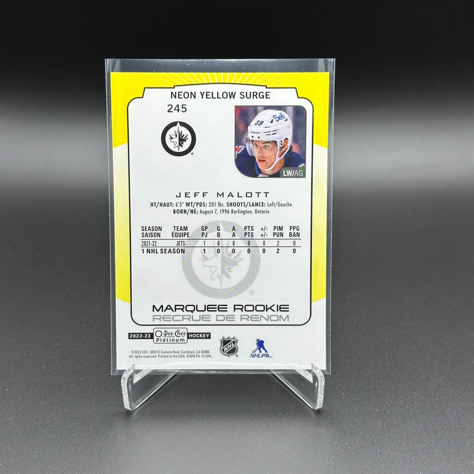 2022-23 O-Pee-Chee Platinum JEFF MALOTT #245 Neon Yellow Surge RC Winnipeg Jets