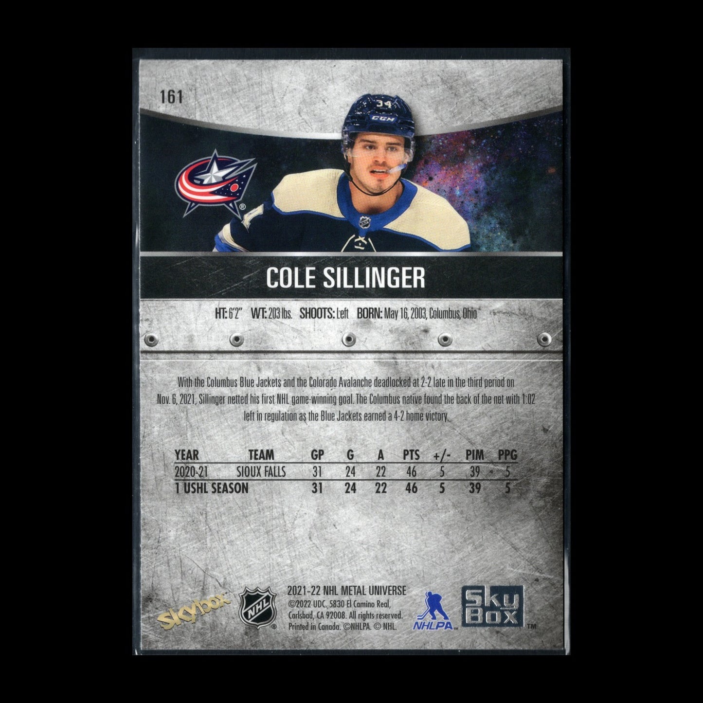 2021-22 SkyBox Metal Universe COLE SILLINGER #161 Rookie RC - Blue Jackets