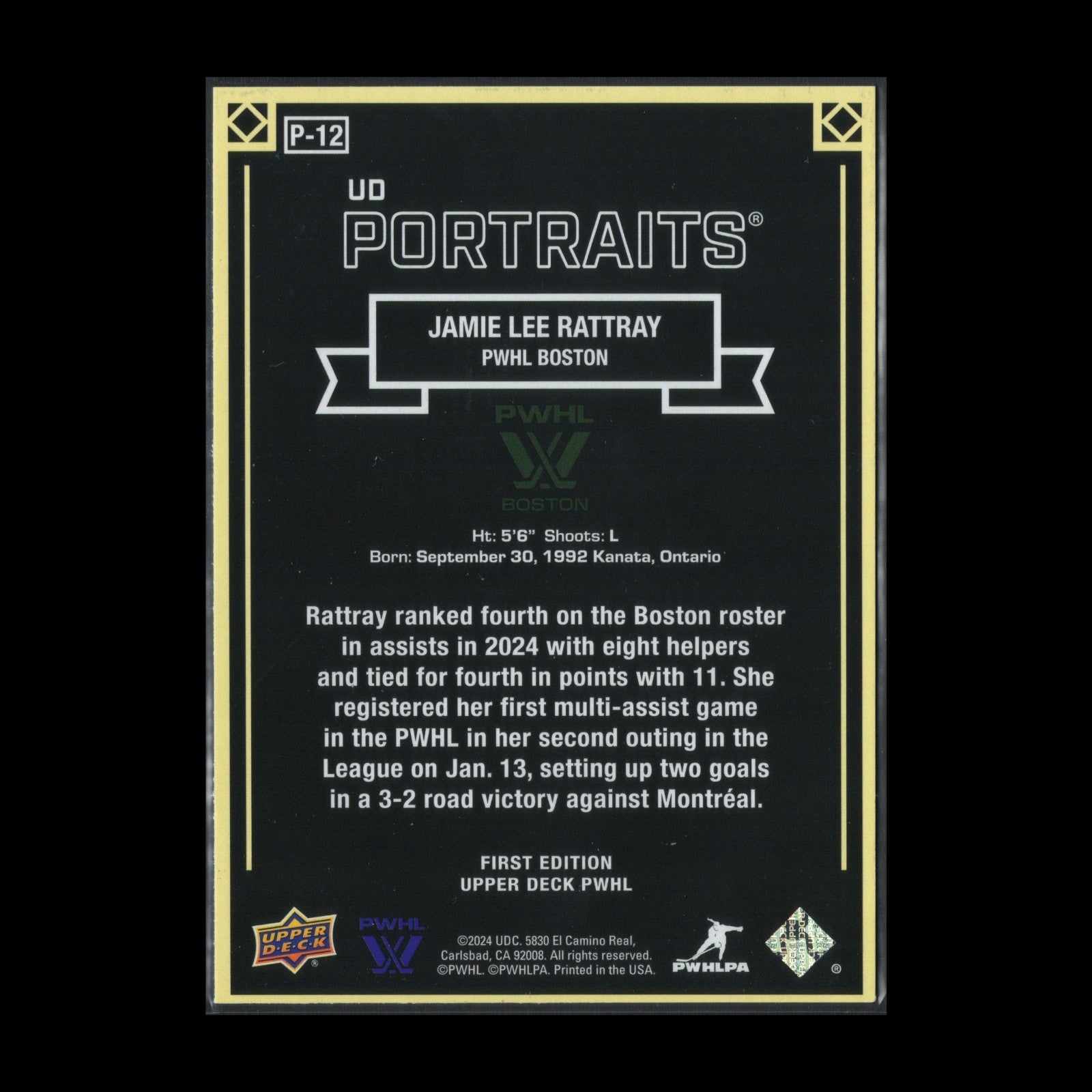 2024-25 UD PWHL JAMIE LEE RATTRAY #P-12 UD Portraits - 1st EDITION!