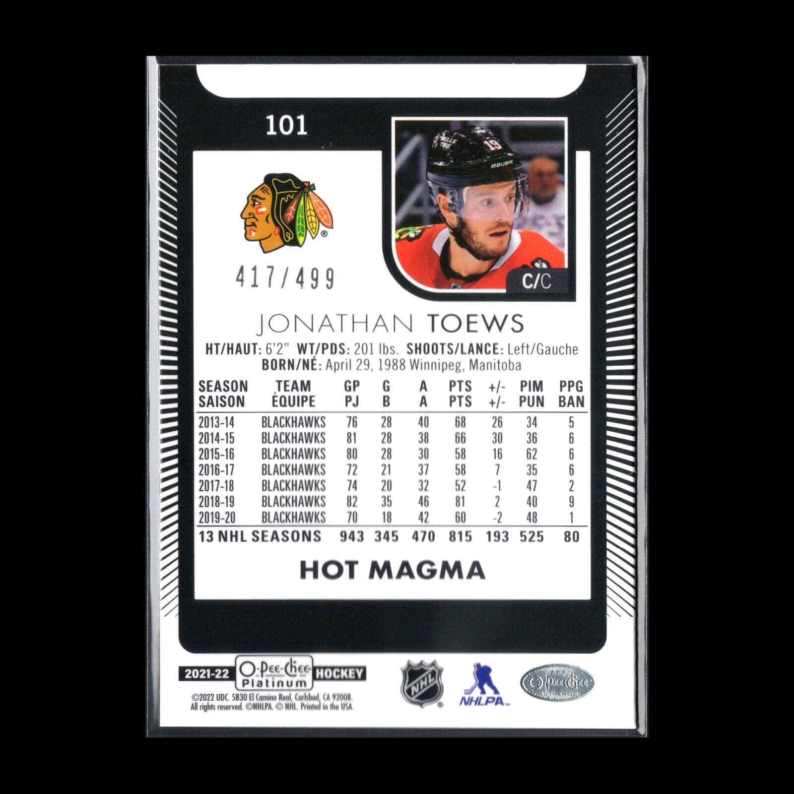 2021-22 O-Pee-Chee Platinum JONATHAN TOEWS #101 Hot Magma /499