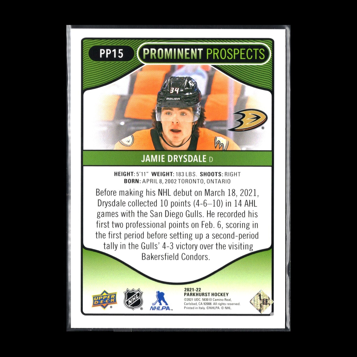2021-22 UD Parkhurst JAMIE DRYSDALE #PP15 Prominent Prospects RC - Anaheim Ducks