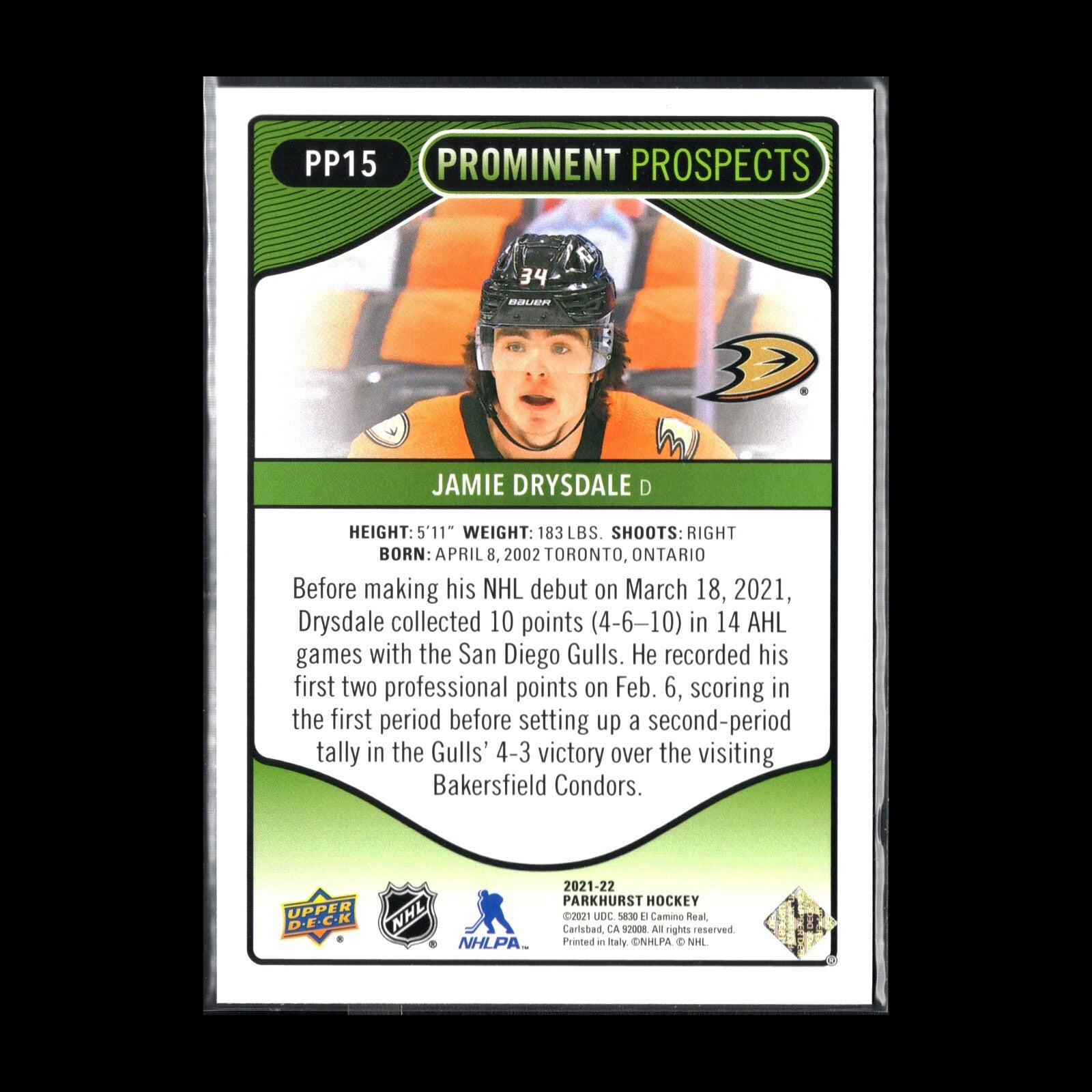 2021-22 UD Parkhurst JAMIE DRYSDALE #PP15 Prominent Prospects RC - Anaheim Ducks