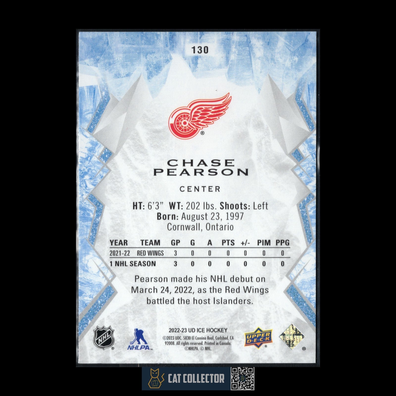 2022-23 UD Ice CHASE PEARSON #130 Orange Rookie RC - Detroit Red Wings