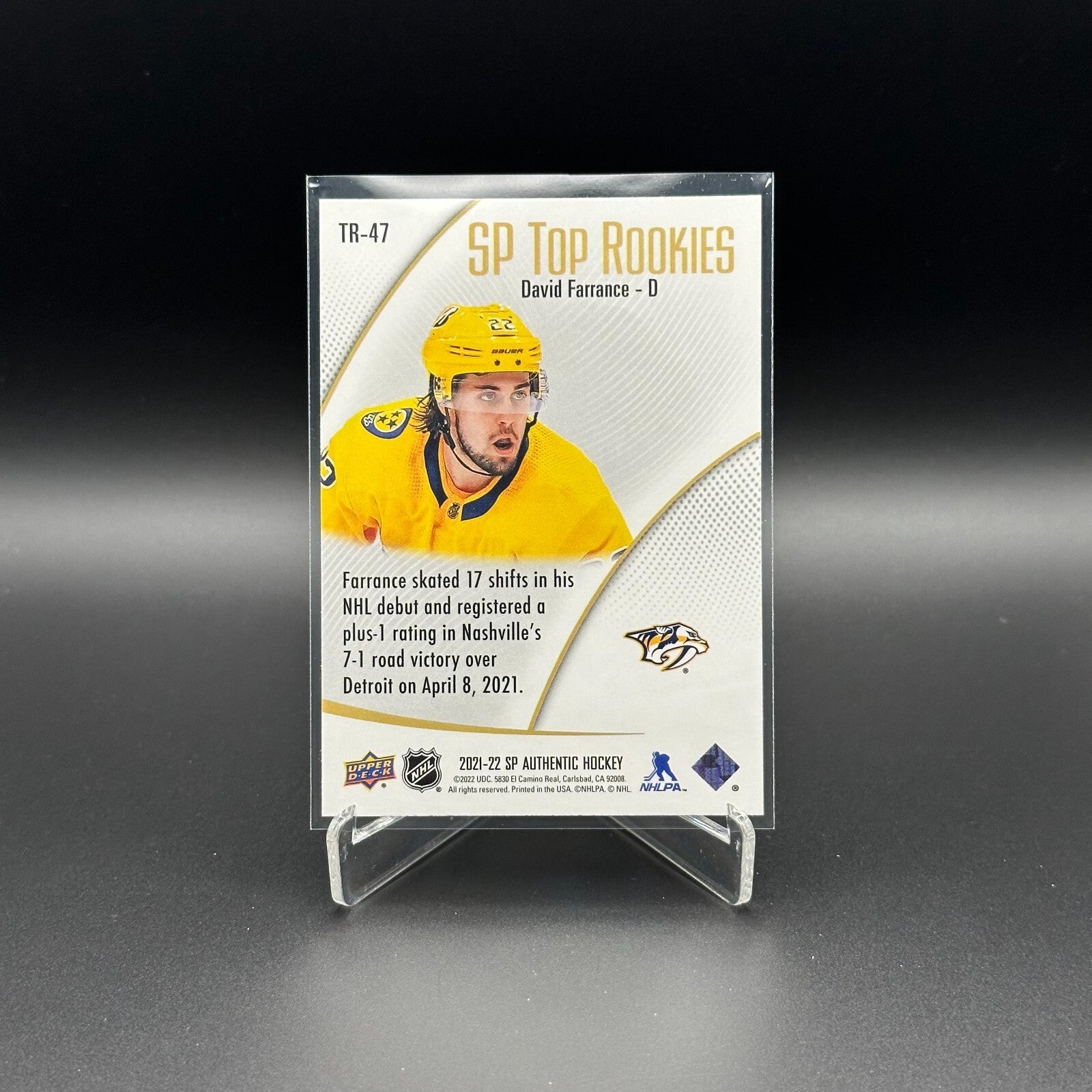2021-22 UD SP Authentic DAVID FARRANCE #TR-47 SP Top Rookies RC