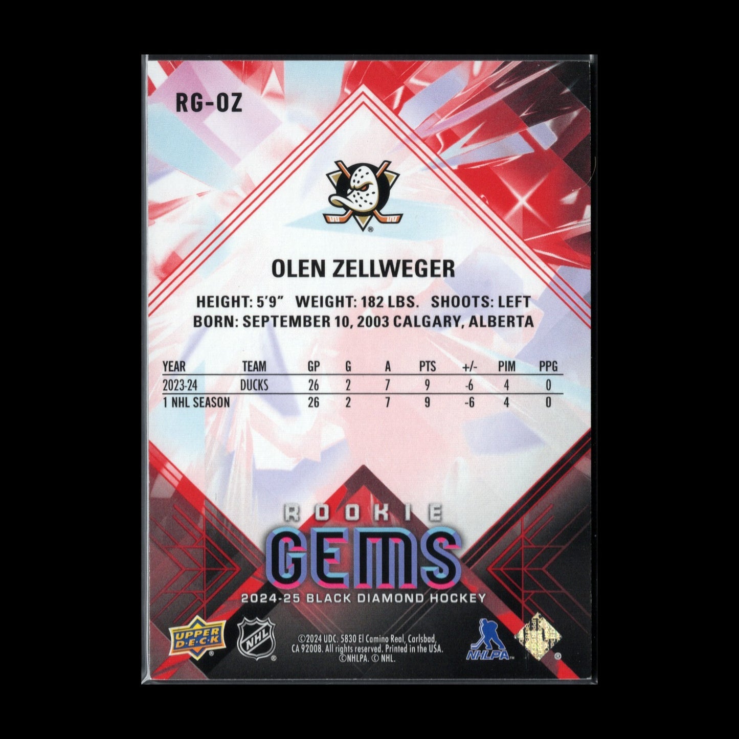 2024-25 UD Black Diamond OLEN ZELLWEGER #RG-OZ Rookie Gems RC /100