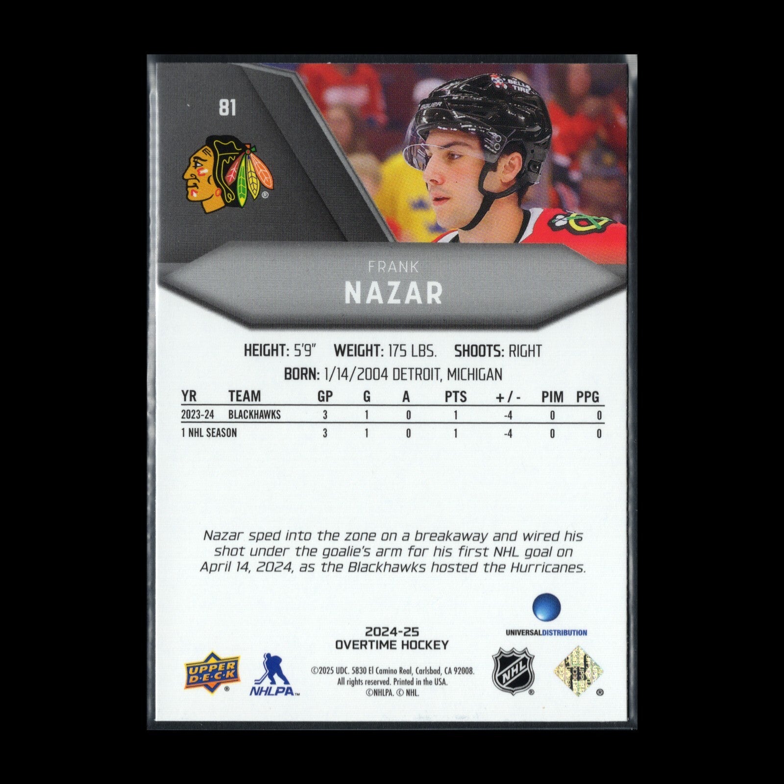 2024-25 UD Overtime FRANK NAZAR #81 Rookie RC - Chicago Blackhawks