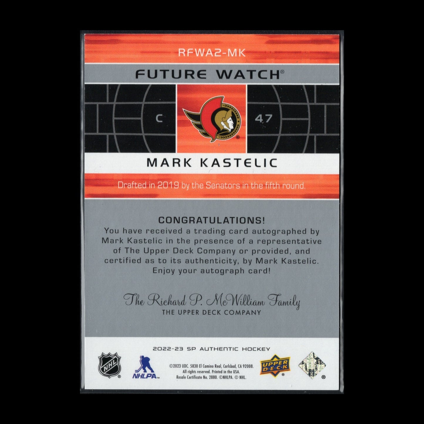 2022-23 UD SP Authentic MARK KASTELIC #RFWA2-MK Retro Future Watch AUTO /399
