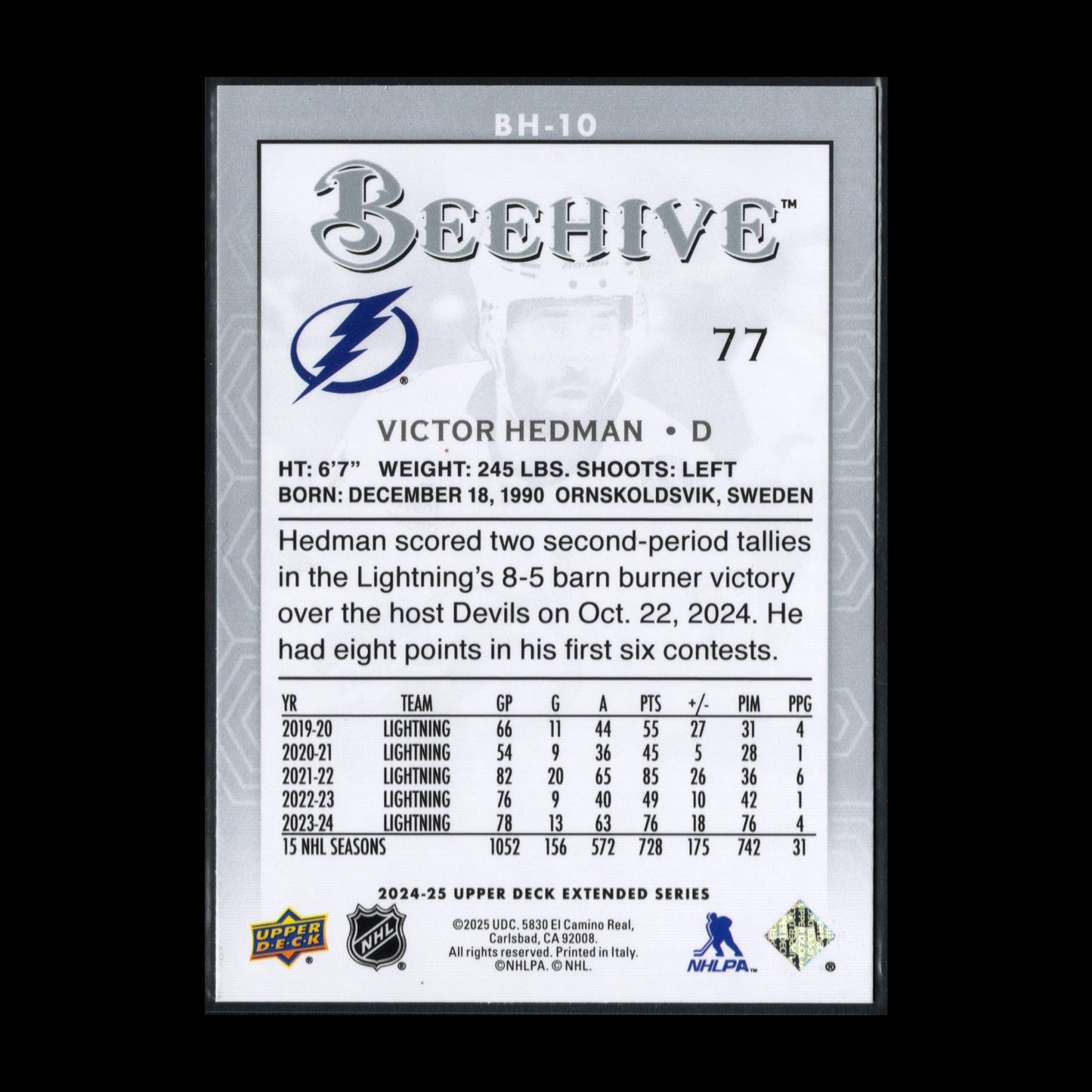 2024-25 UD Extended series VICTOR HEDMAN #BH-10 Beehive - Tampa Bay Lightning