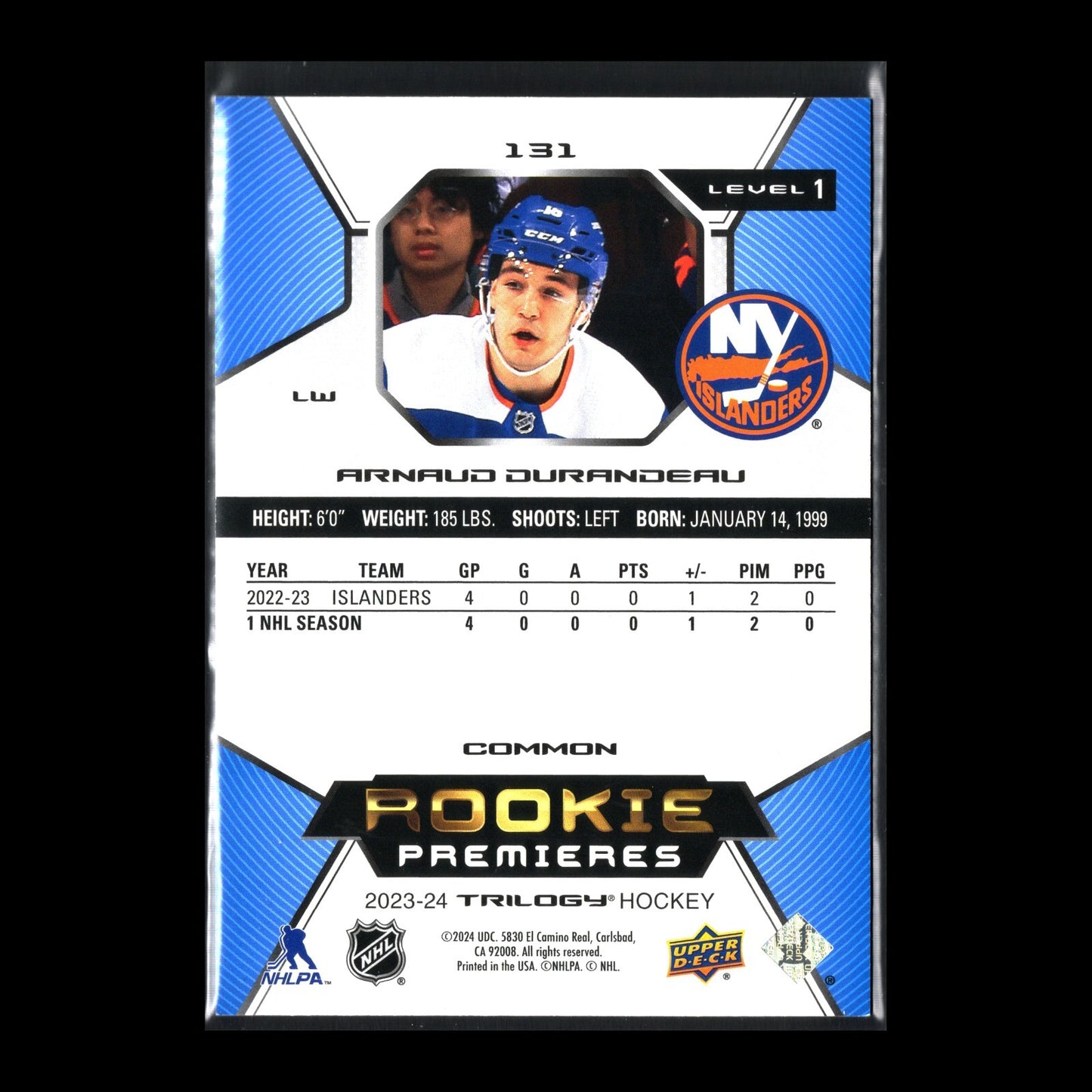 2023-24 UD Trilogy ARNAUD DURANDEAU #131 Rookie premieres Level 1 /999