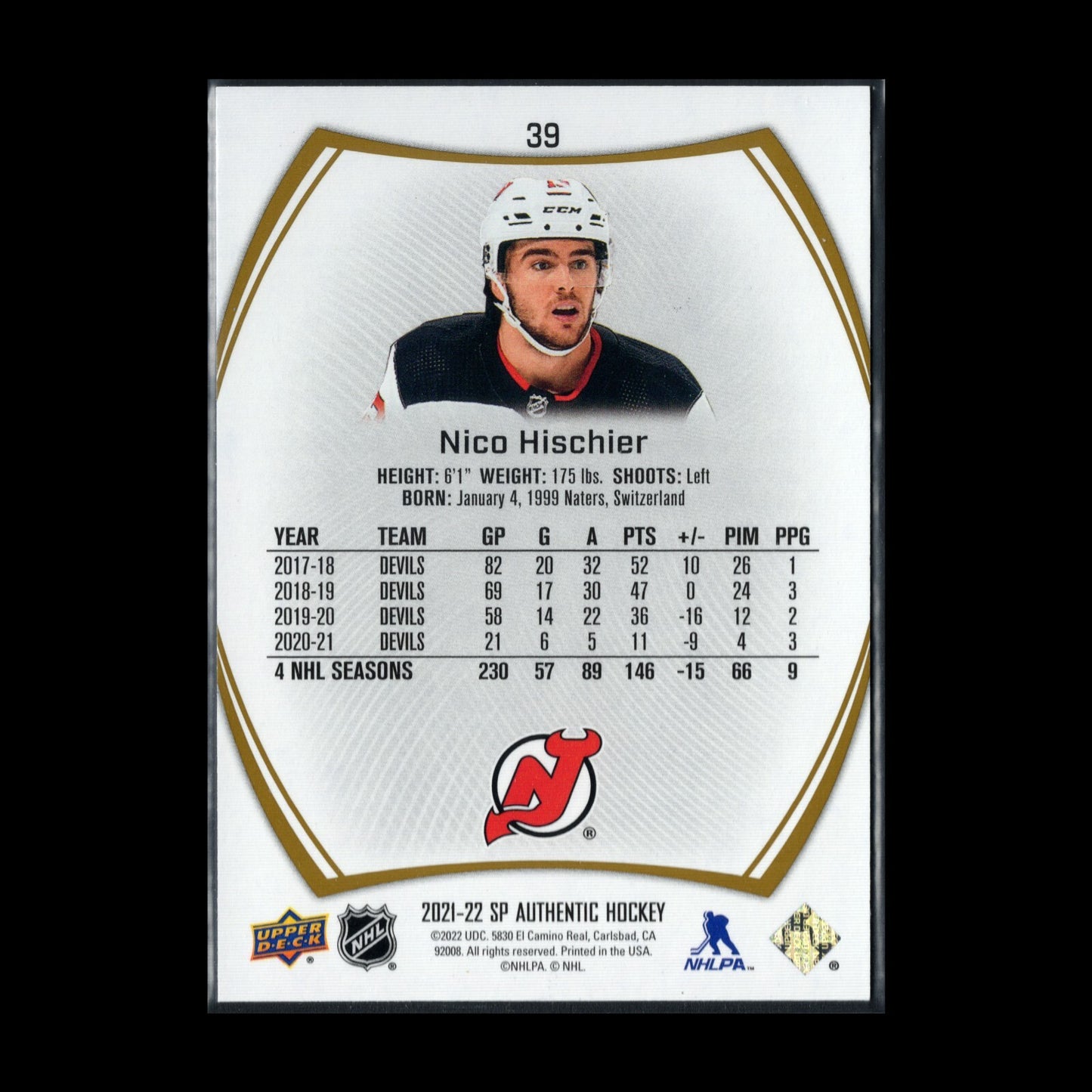 2021-22 UD SP Authentic NICO HISCHIER #39 Limited Gold /99 - New Jersey Devils
