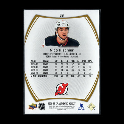 2021-22 UD SP Authentic NICO HISCHIER #39 Limited Gold /99 - New Jersey Devils