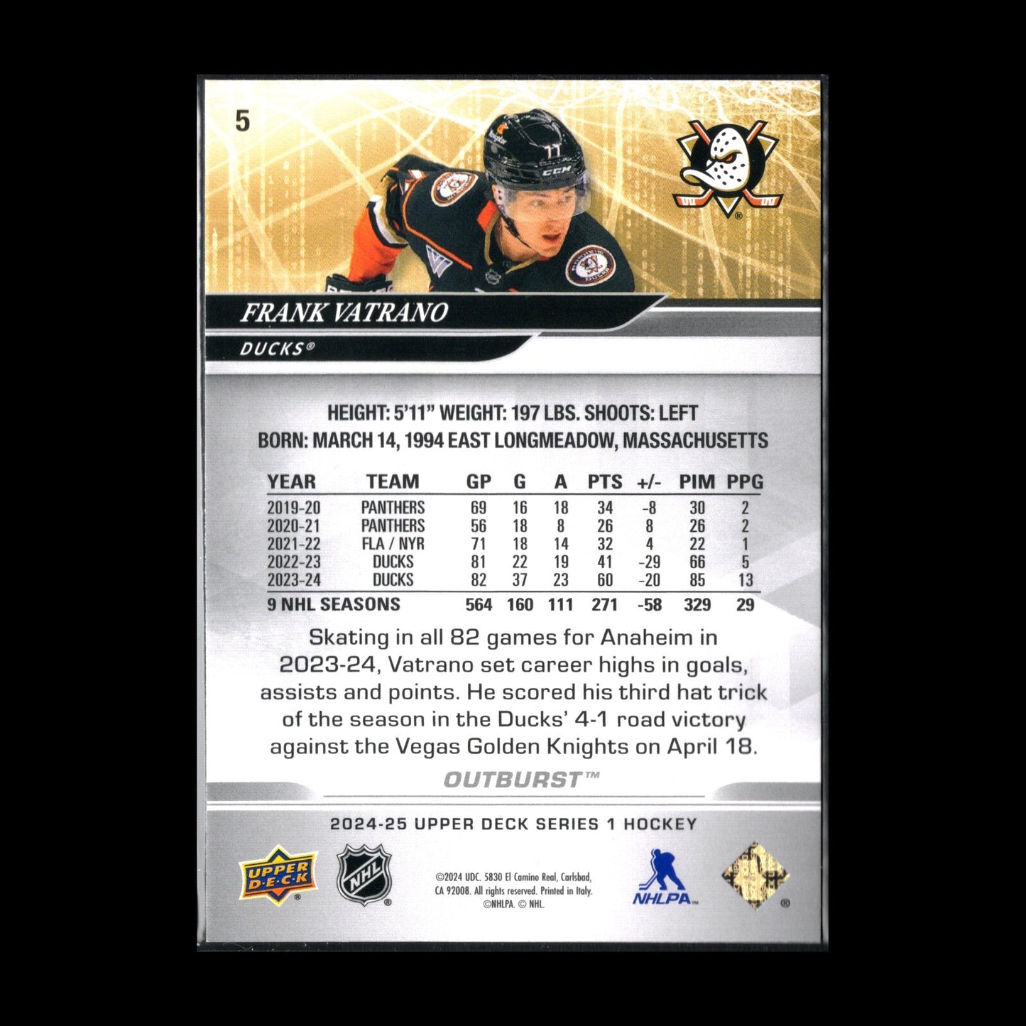 2024-25 Upper Deck Series 1 FRANK VATRANO #5 Outburst - Anaheim Ducks