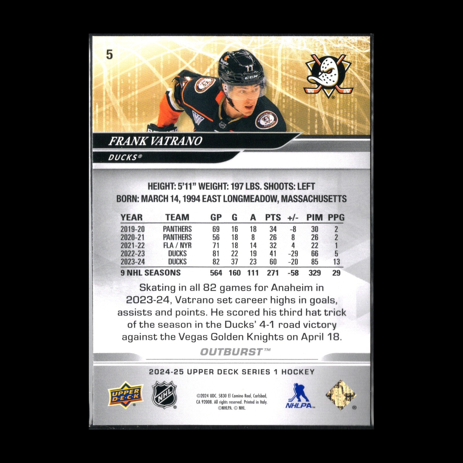 2024-25 Upper Deck Series 1 FRANK VATRANO #5 Outburst - Anaheim Ducks