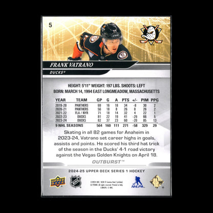 2024-25 Upper Deck Series 1 FRANK VATRANO #5 Outburst - Anaheim Ducks