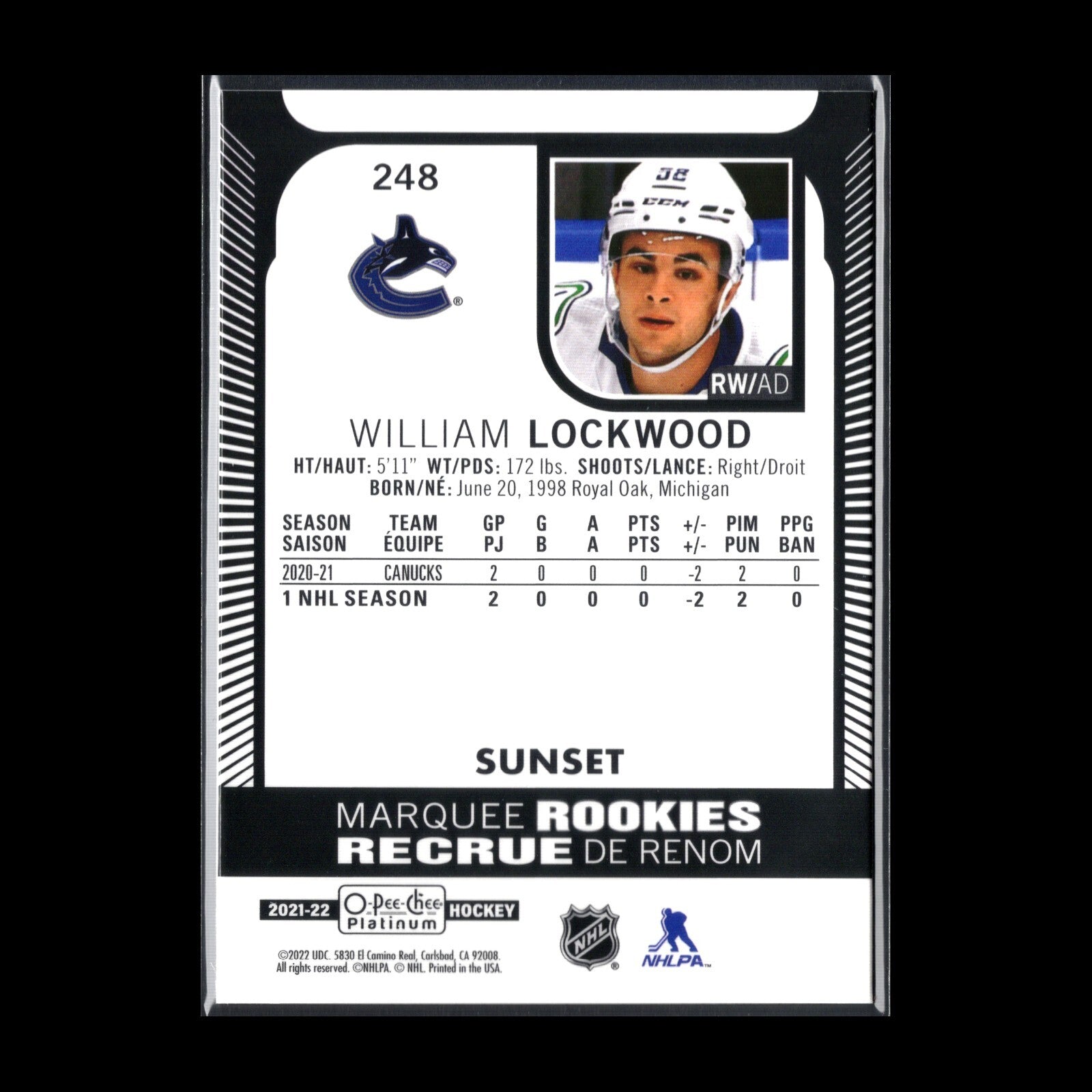 2021-22 O-Pee-Chee Platinum WILLIAM LOCKWOOD #248 Marquee Rookie Sunset RC
