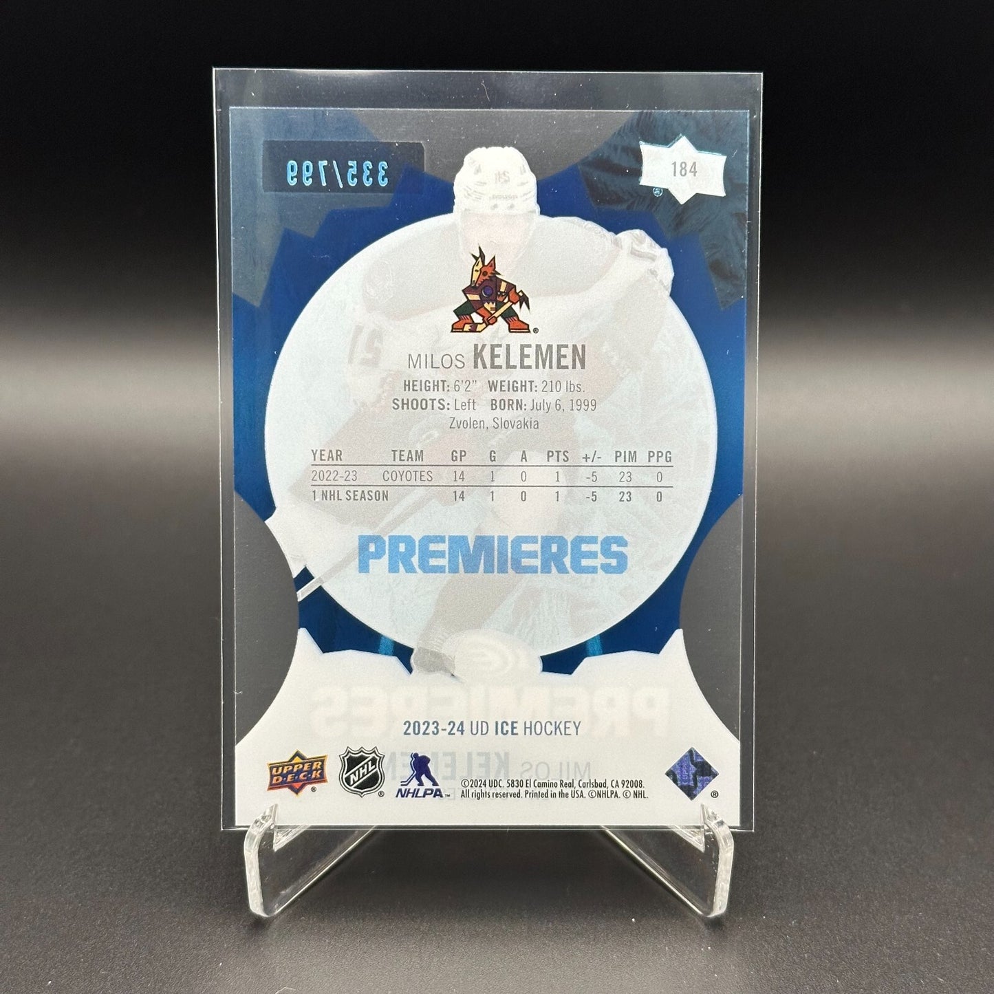 2023-24 UD Ice MILOS KELEMEN #184 Ice Premieres Blue Parallel RC /799