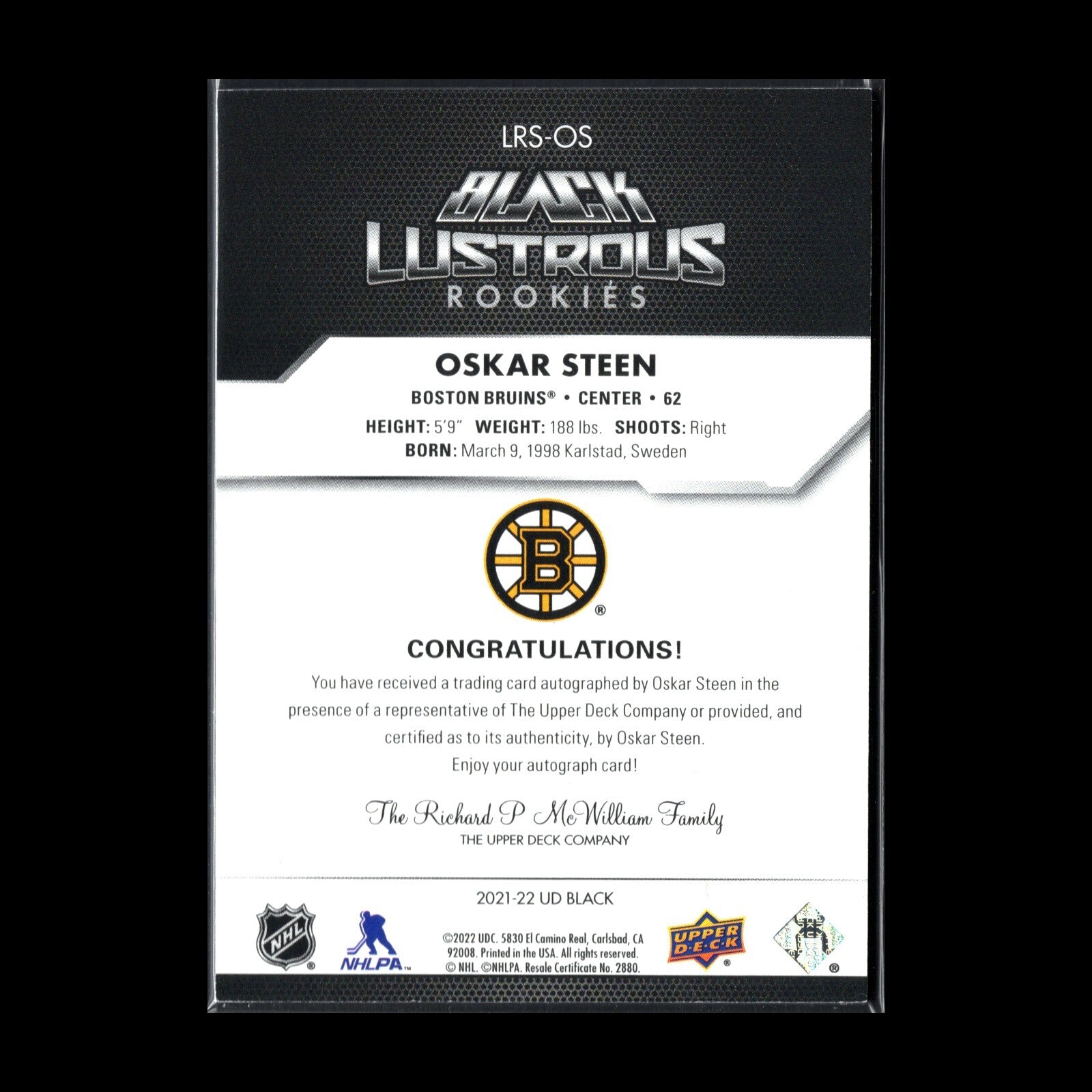 2021-22 UD Black Diamond OSKAR STEEN #LR-OS Lustrous Rookies RC /299 AUTO