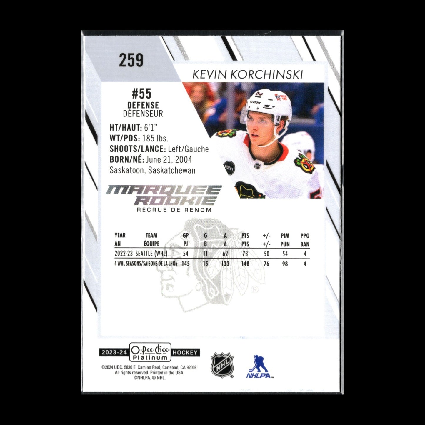 2023-24 OPC Platinum KEVIN KORCHINSKI #259 Marquee rookie RC Chicago Blackhawks