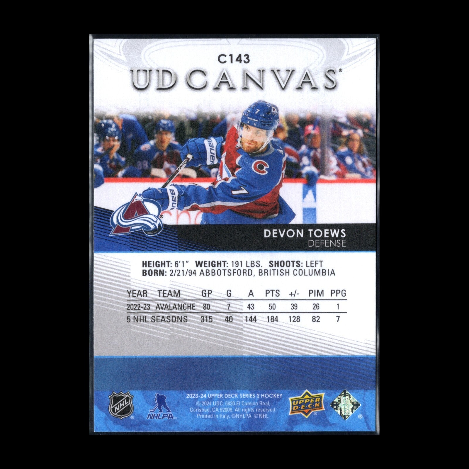 2023-24 UD Series 2 DEVON TOEWS #C143 UD Canvas - Colorado Avalanche