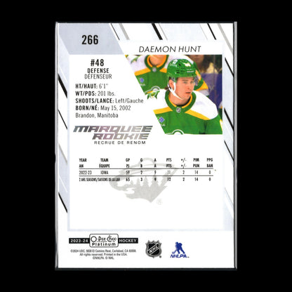 2023-24 OPC Platinum DAEMON HUNT #266 Marquee rookie RC - Minnesota Wild
