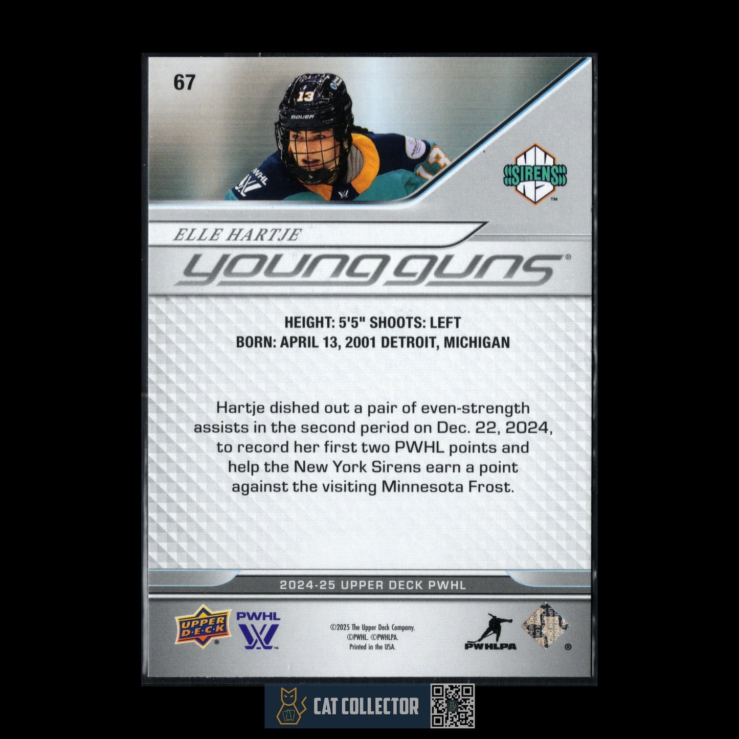 2024-25 UD PWHL ELLE HARTJE #67 Young Guns Rookie - New York Sirens