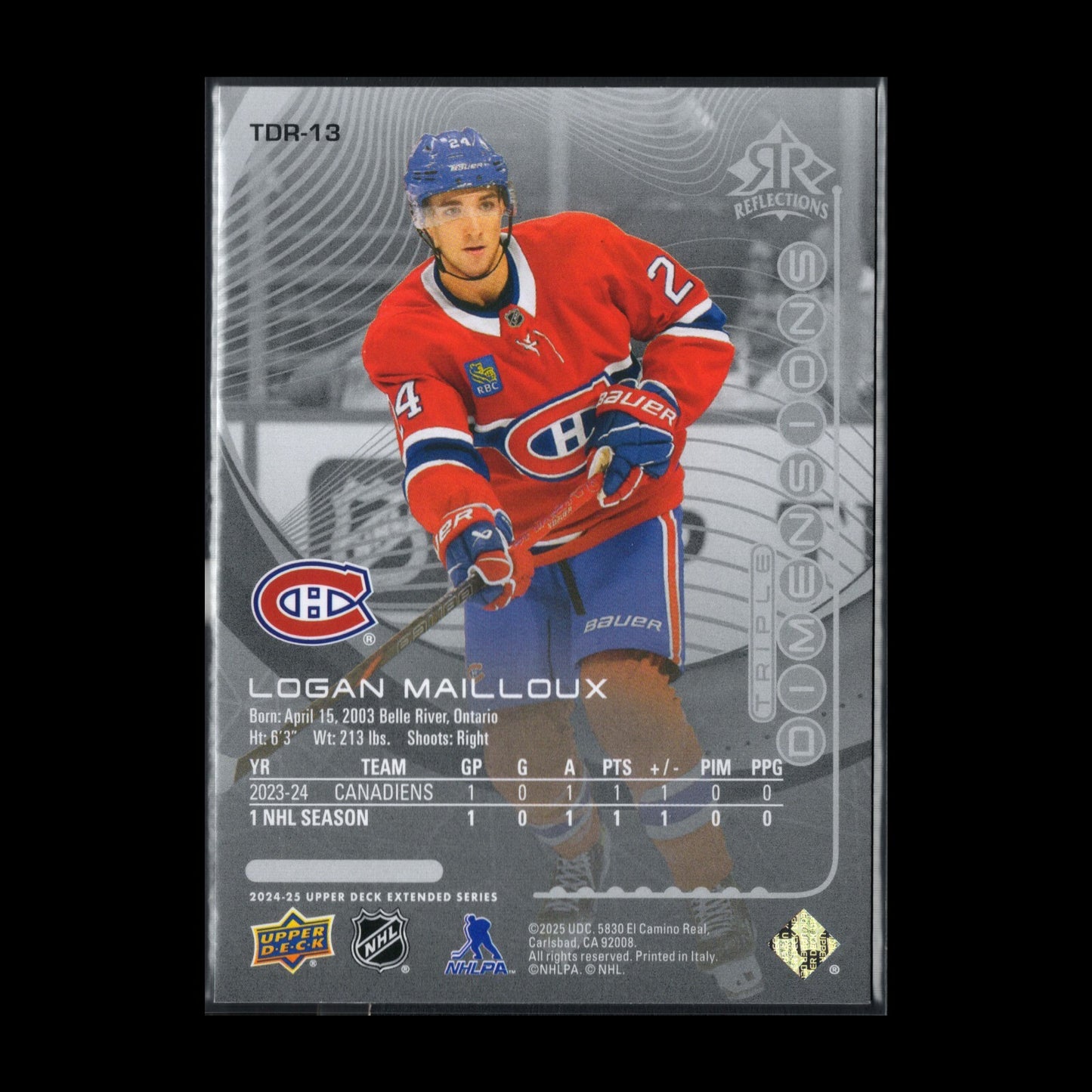 2024-25 UD Extended LOGAN MAILLOUX #TDR-13 Triple Dimensions Reflections Rookie
