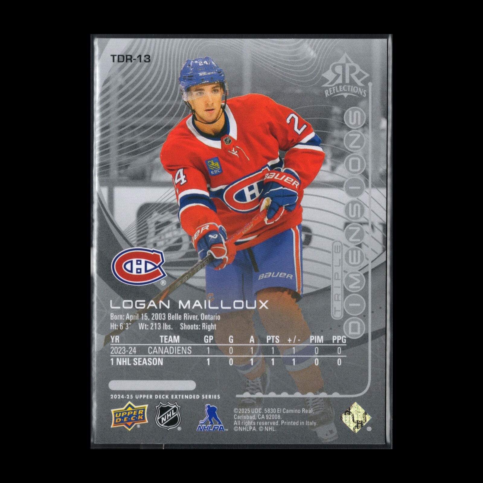 2024-25 UD Extended LOGAN MAILLOUX #TDR-13 Triple Dimensions Reflections Rookie