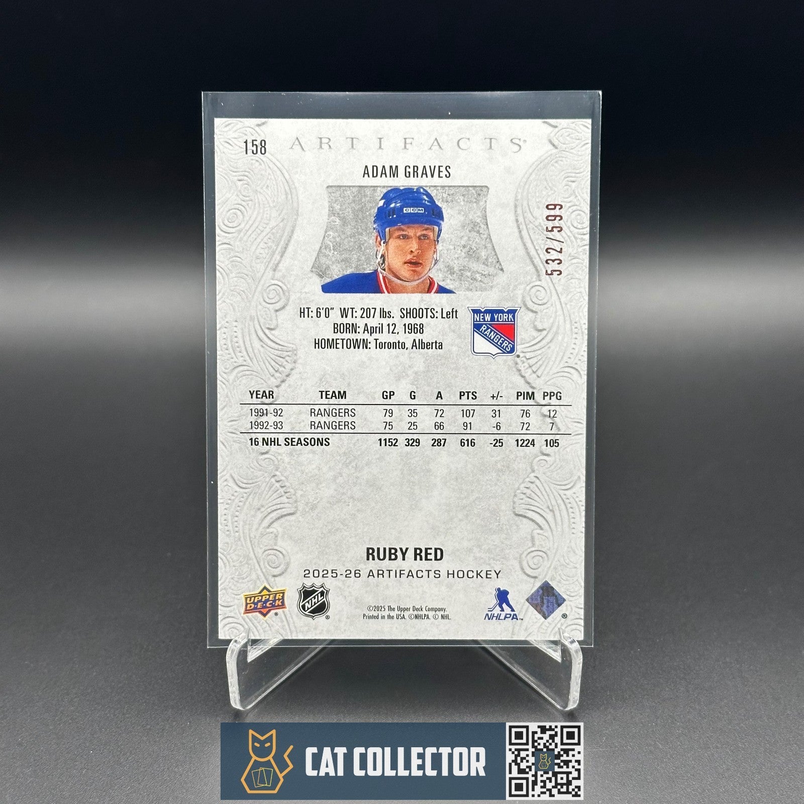 2025-26 UD Artifacts ADAM GRAVES #158 Ruby Red Legends /599