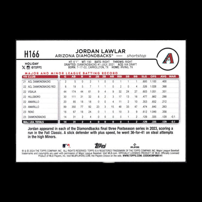 2024 Topps Holiday JORDAN LAWLAR #H166 RC - Arizona Diamondbacks