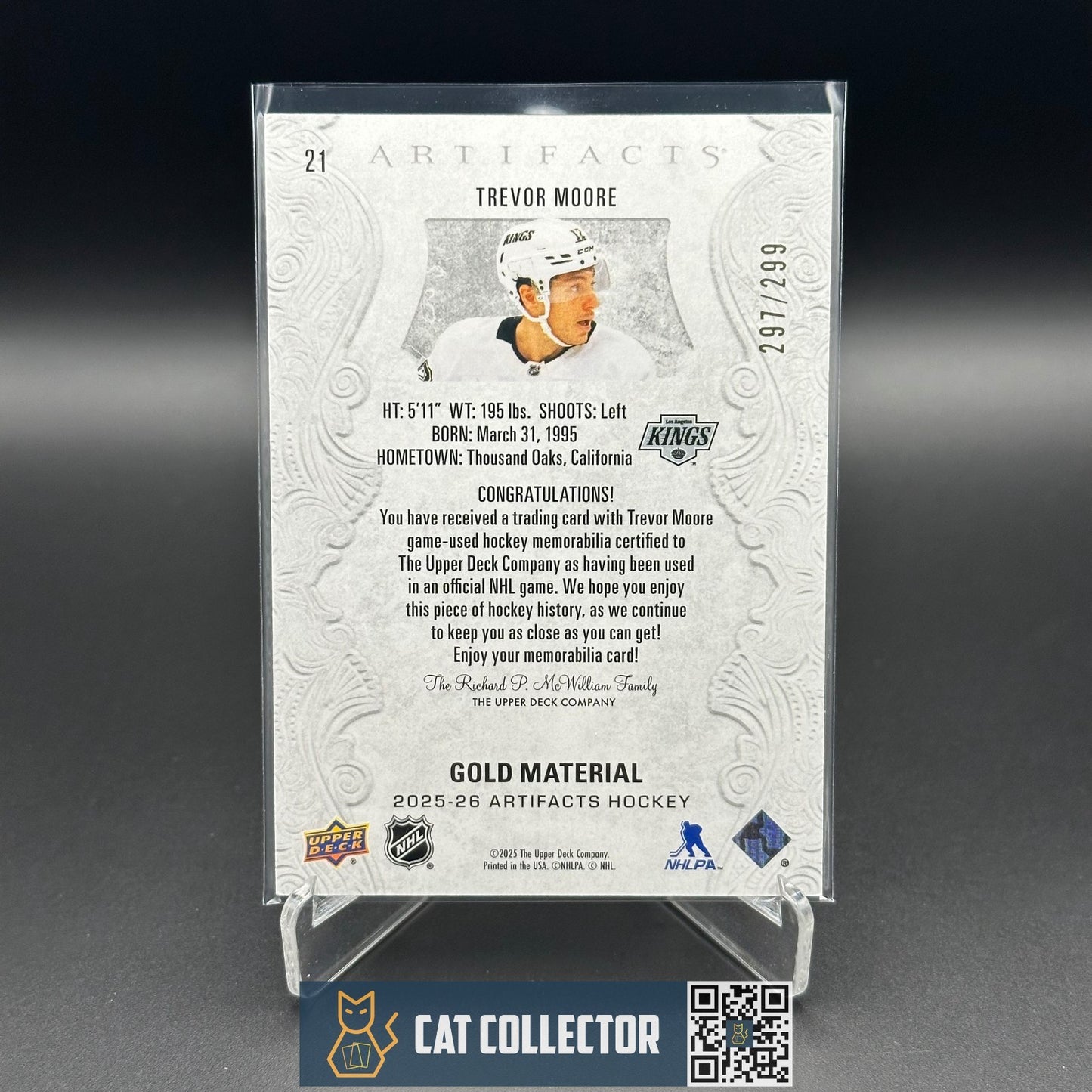2025-26 UD Artifacts TREVOR MOORE #21 Gold Materials /299 Jersey