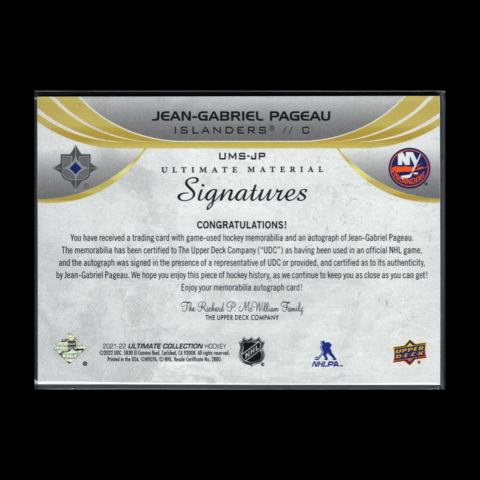 2021-22 UD Ultimate JEAN-GRABRIEL PAGEAU #UMS-JP Material Signatures /99