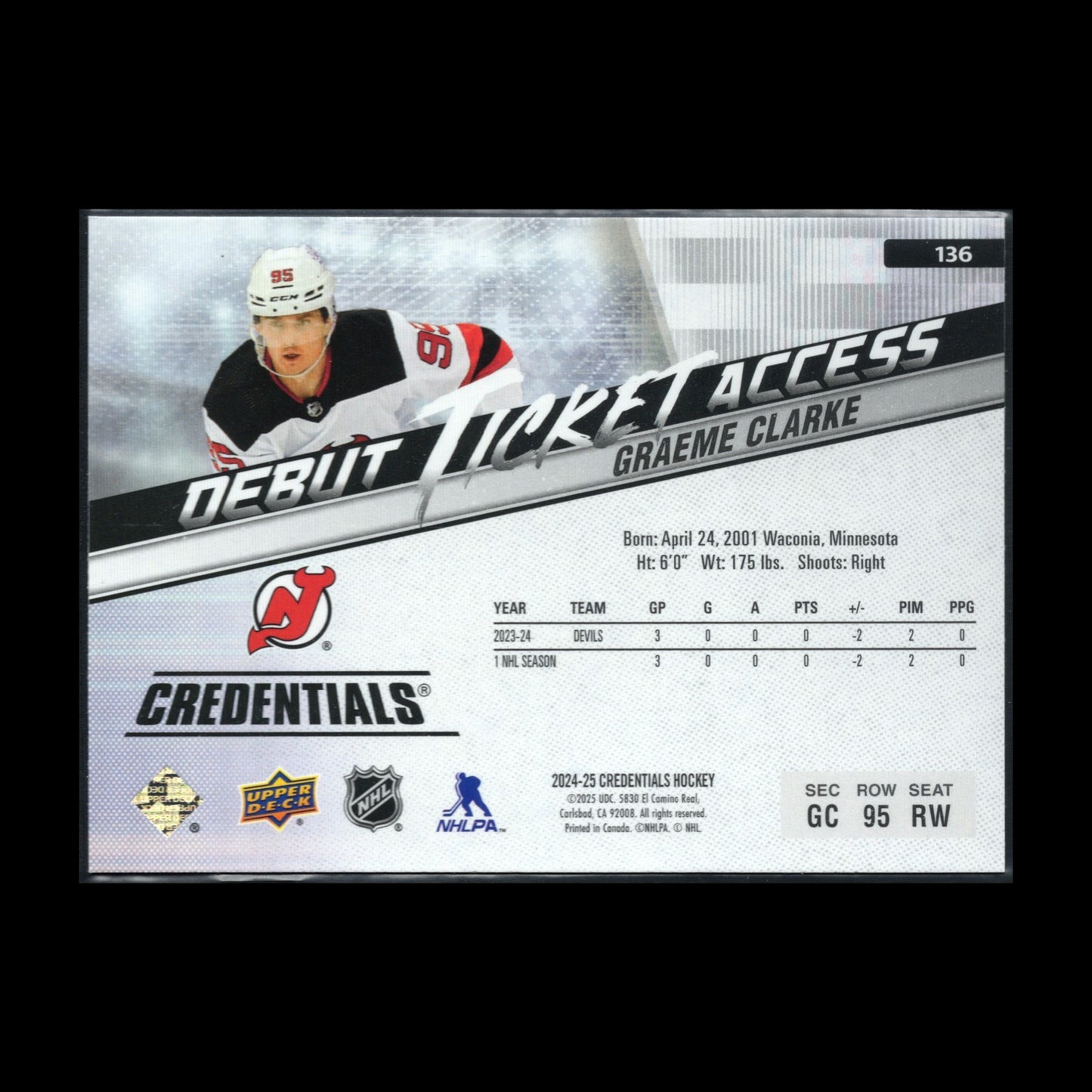 2024-25 UD Credentials GRAEME CLARKE #136 Debut Ticket Access Horizontal RC