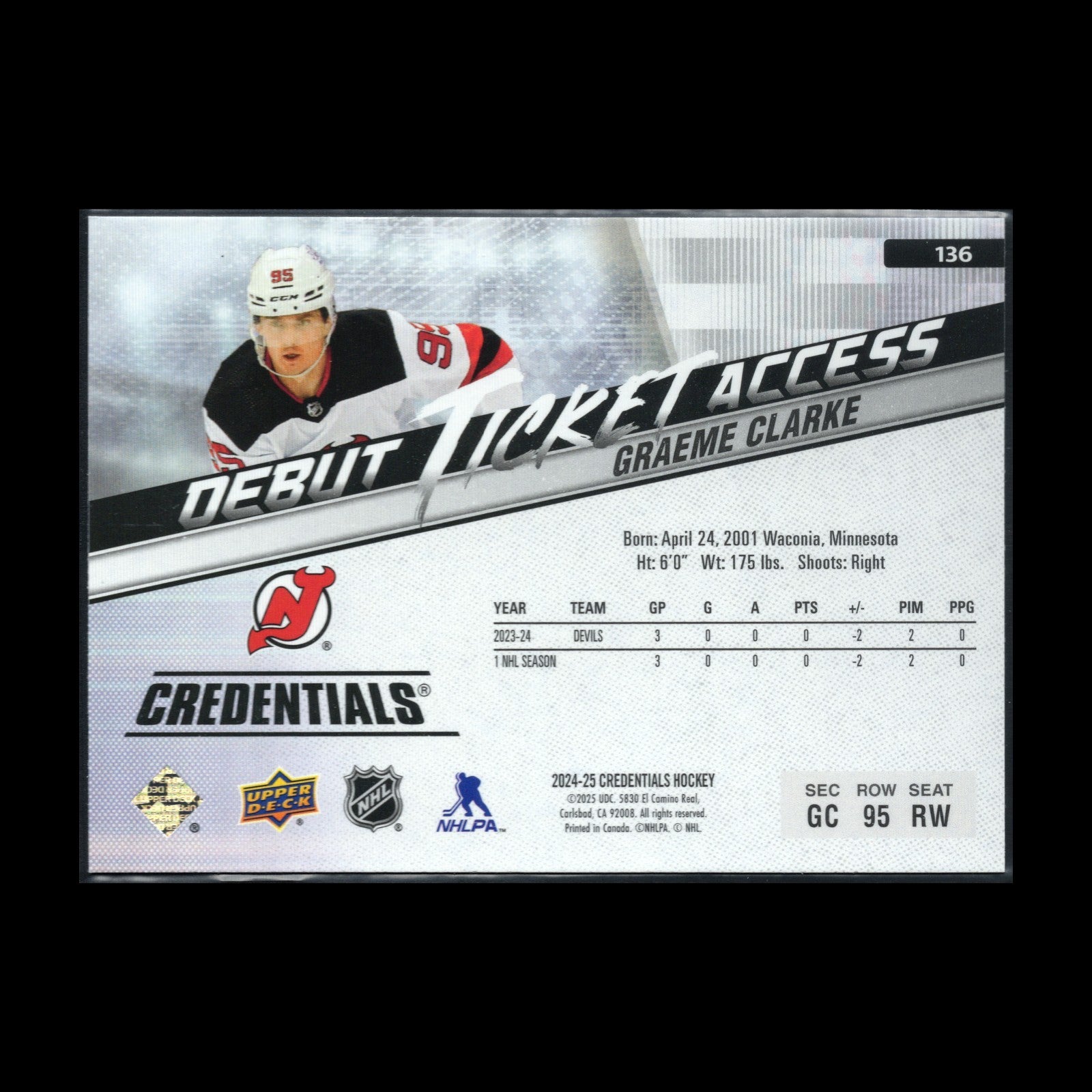 2024-25 UD Credentials GRAEME CLARKE #136 Debut Ticket Access Horizontal RC
