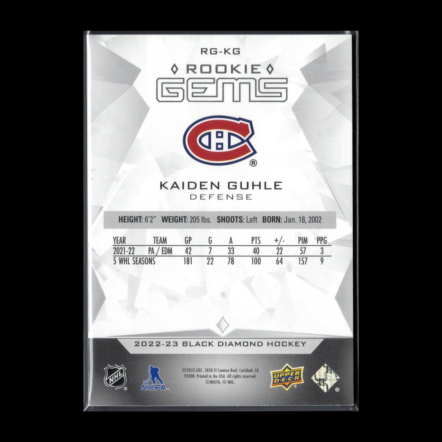 2022-23 UD Black Diamond KAIDEN GUHLE #RG-KG Rookie Gems RC /399