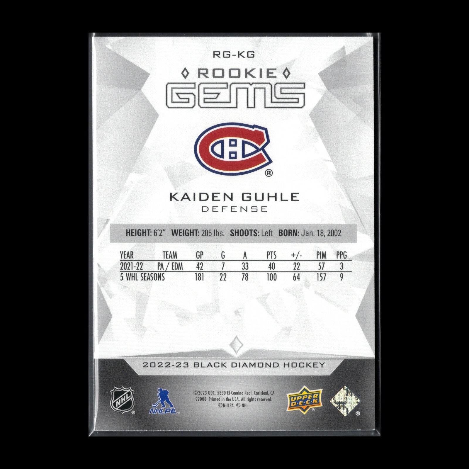 2022-23 UD Black Diamond KAIDEN GUHLE #RG-KG Rookie Gems RC /399