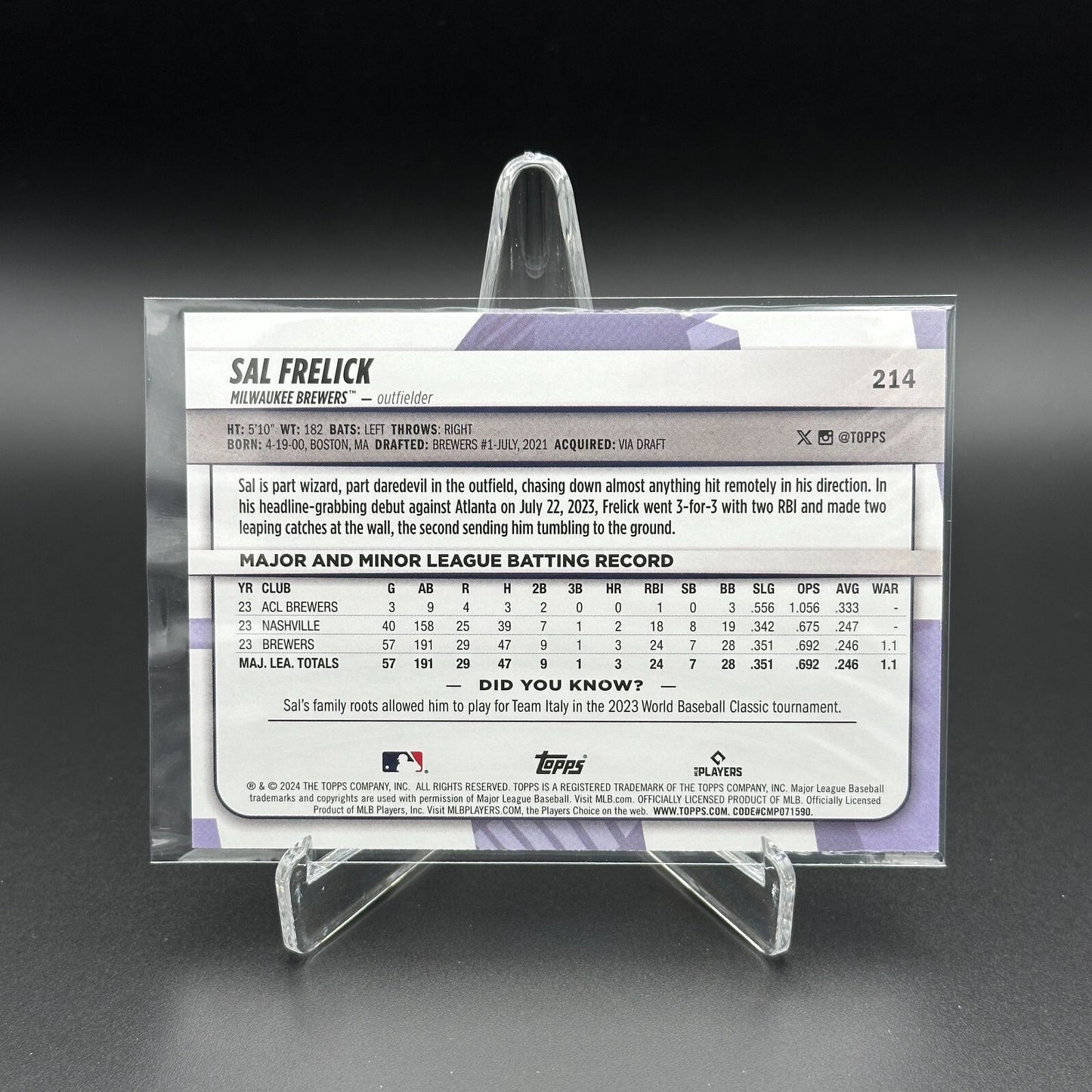 2024 Topps Big League SAL FRELICK #214 Rainbow foil Rookie RC Milwaukee Brewers