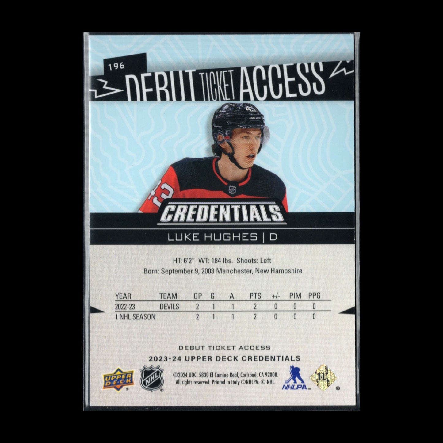 2023-24 UD Credentials LUKE HUGHES #196 Debut Ticket Access Rookie RC /399