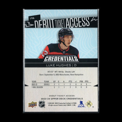 2023-24 UD Credentials LUKE HUGHES #196 Debut Ticket Access Rookie RC /399